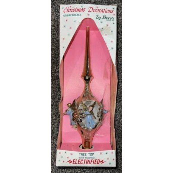 Vintage Glass Tree Topper- JewelBrite -Electrified New In Box Decor Angel Gold - Picture 1 of 9